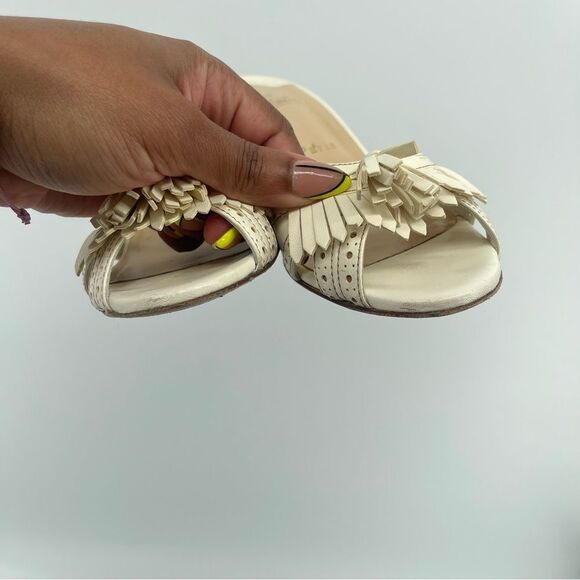 Christian Louboutin Fringe Peep Toe Mule Sandals Cream Leather EU 37.5 Heels - Picture 11 of 16